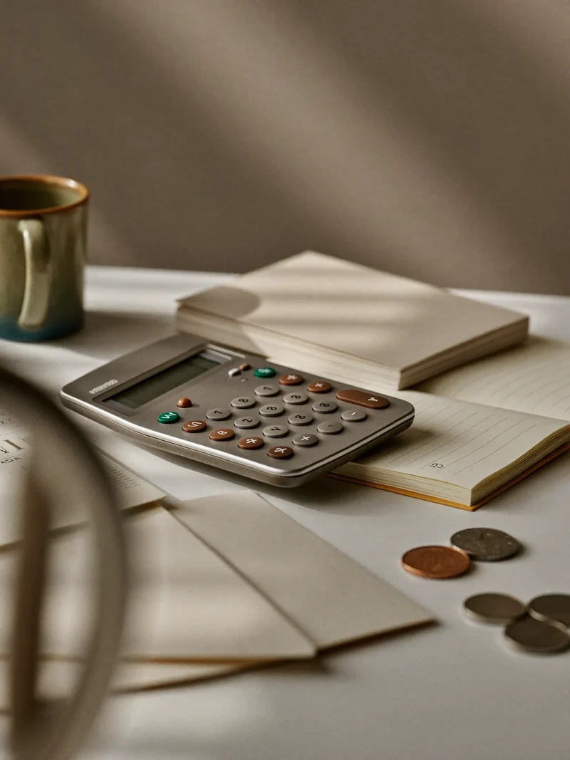 Illustration of a tidy desk set up for budgeting with calculator, notebook and envelopes