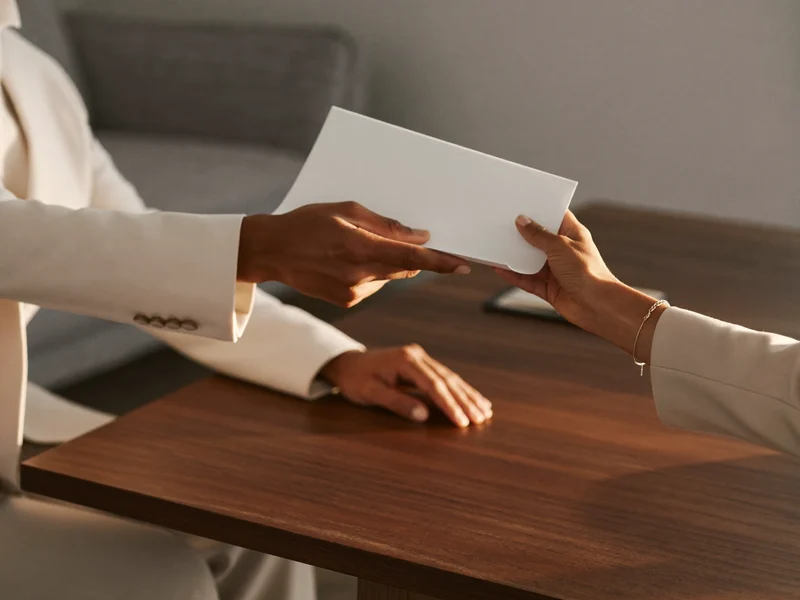Illustration of papers being handed across a table between adviser and visitor